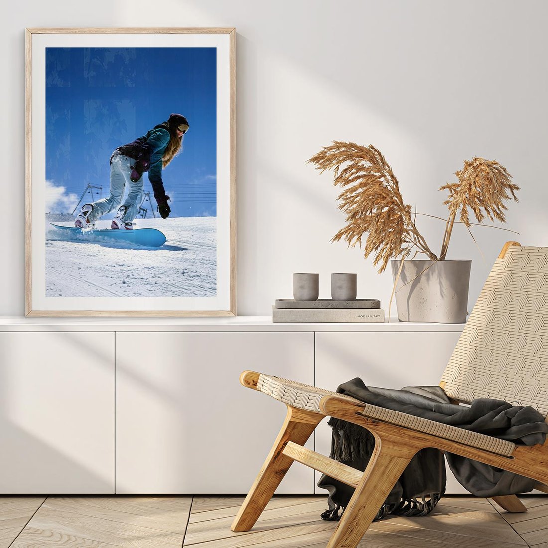 Plakat w ramie 40x50 - Snowboard na zimowych zboczach - snowboard, zima - rama drewno