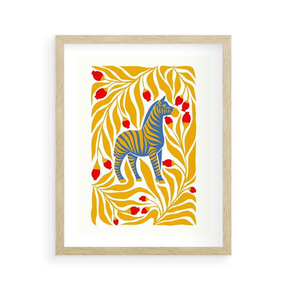 Plakat w ramie 40x50 - Zebra w Nowoczesności - abstrakcyjna nowoczesna grafika, pośrodku zebra - rama drewno