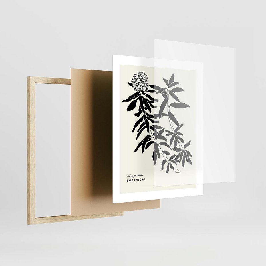 Plakat w ramie 40x50 - Szept kwiatowej wyobraźni - czarno biała grafika, roślinność - rama drewno