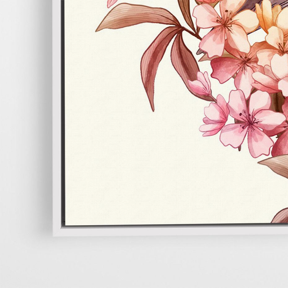 Obraz w ramie 80x120 - Kwiatowe Zanurzenie - japońska sztuka, ptak - rama biała