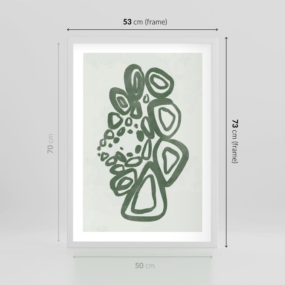Plakat w ramie 50x70 - Migotliwe Widzenia Zieleni - zielona abstrakcja, zgaszona zieleń - rama biała
