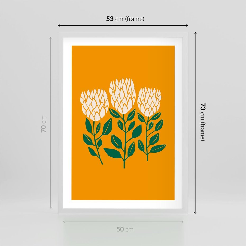 Plakat w ramie 50x70 - Kolorowe Impresje - abstrakcyjna kwiatowa kompozycja, żółte mocne tło - rama biała