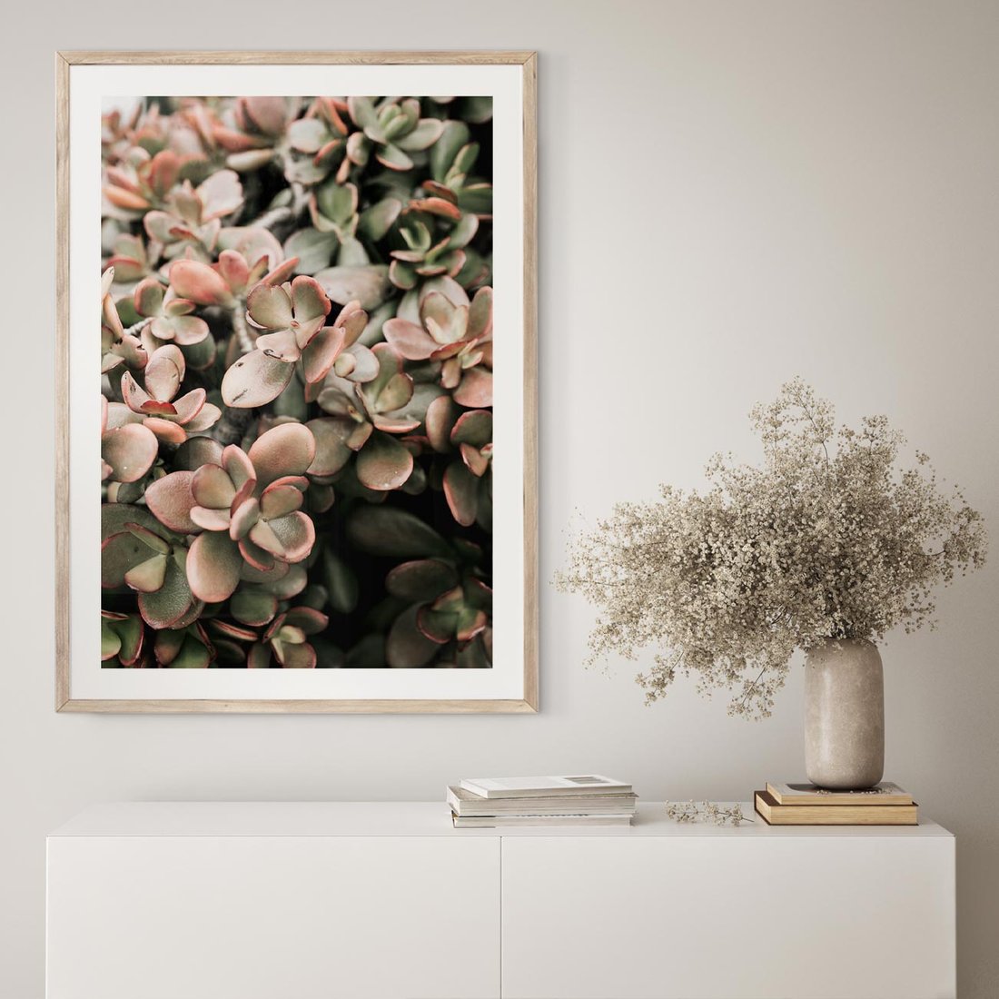 Plakat w ramie 30x40 - Sukulentowa Prostota - sukulenty, zielone liście - rama drewno