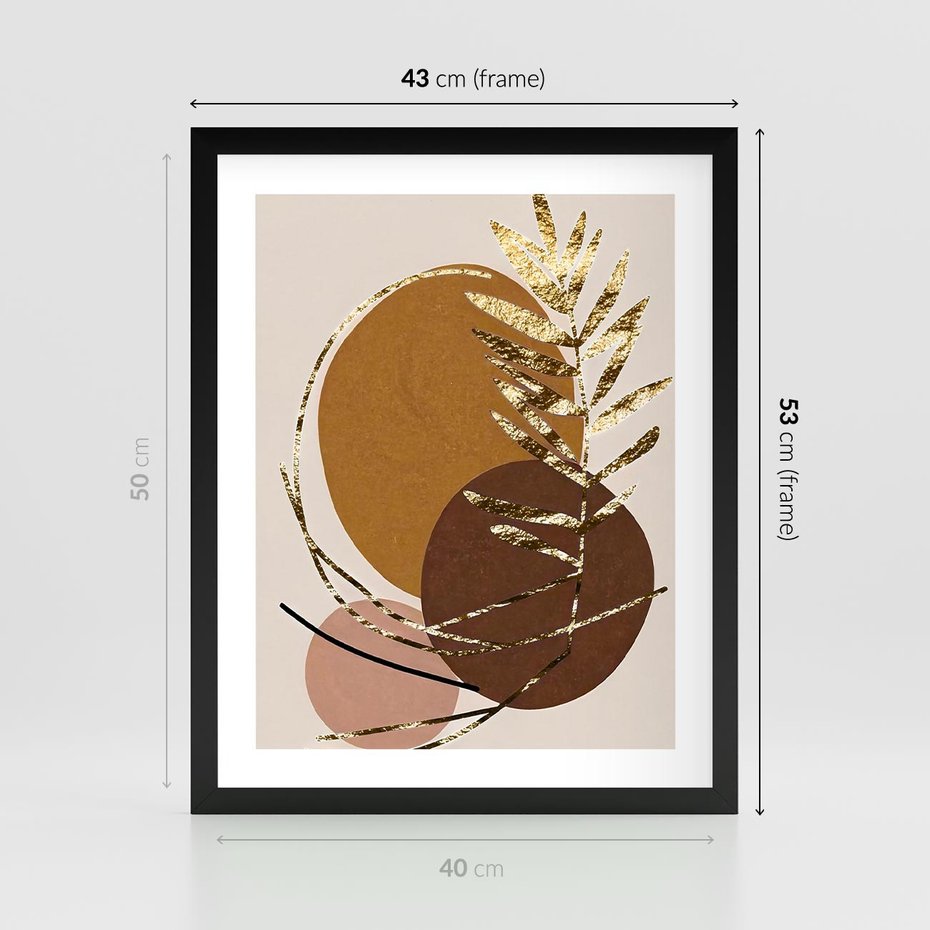 Plakat w ramie 40x50 - Taniec Przenikających Odbić - abstrakcyjny obraz, złote liście palmy - rama czarna