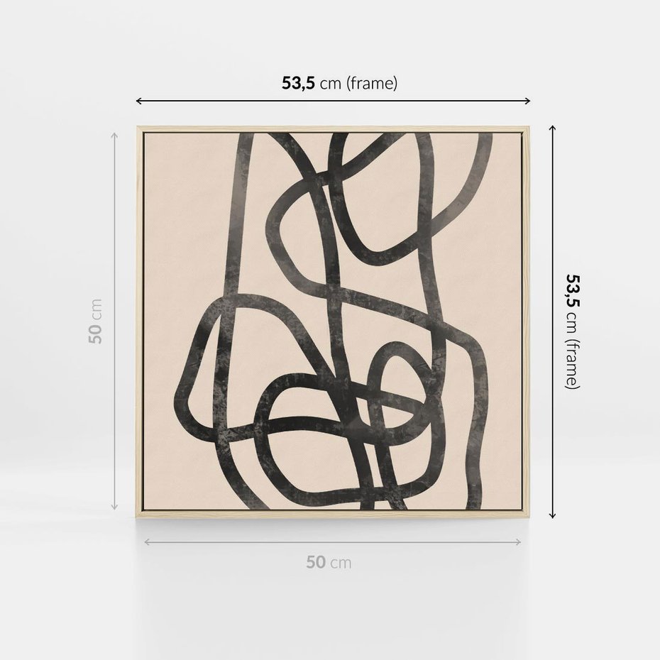 Obraz w ramie 50x50 - Przenikanie Wirtualnych Wymiarów - zaplątane minimalistyczne linie, na bezowym tle - rama drewno