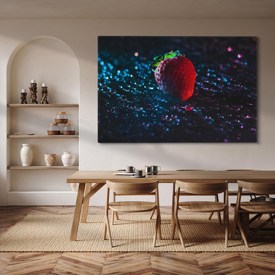 Obraz na płótnie 100x70 - Truskawka Kropelkowy Urok - truskawka, krople