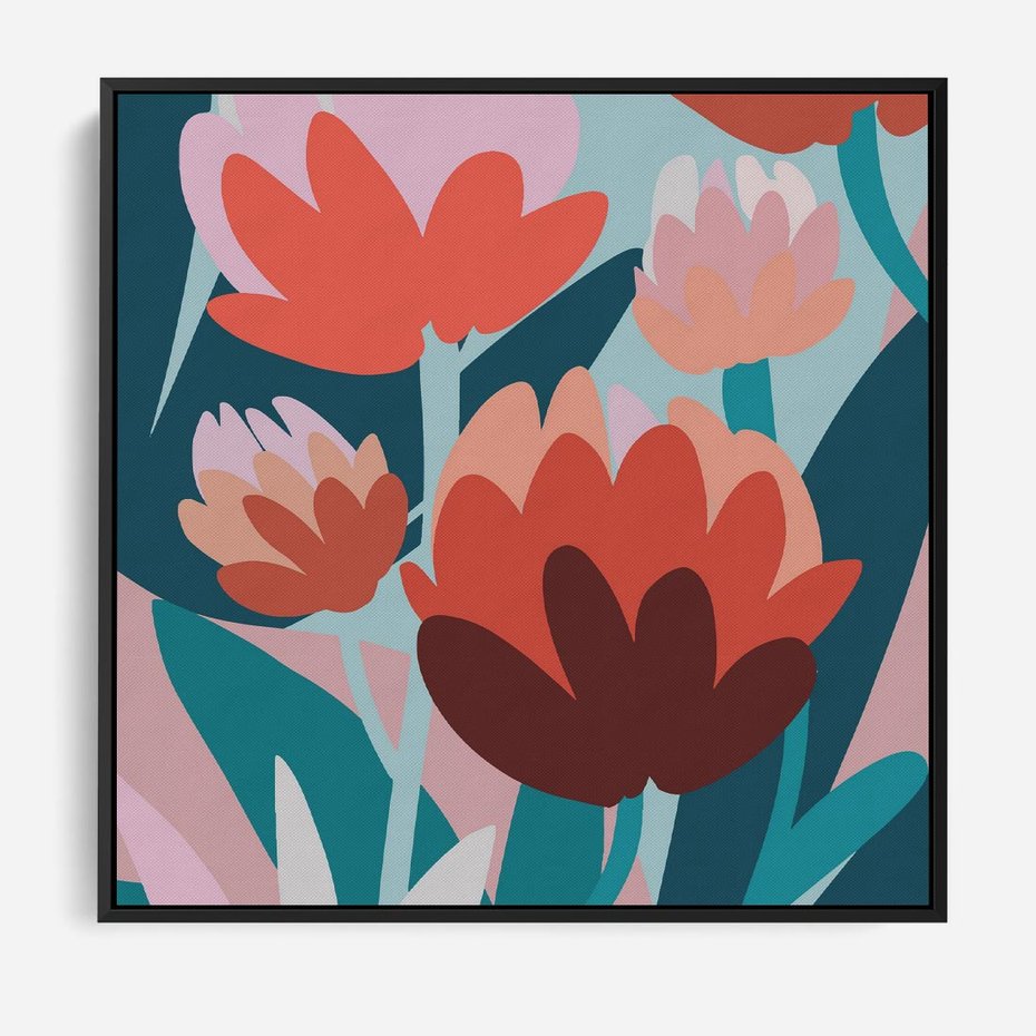 Obraz w ramie 50x50 - Symfonia Kwiatów - abstrakcyjna kompozycja kwiatowych form, kolor zgaszone - rama czarna