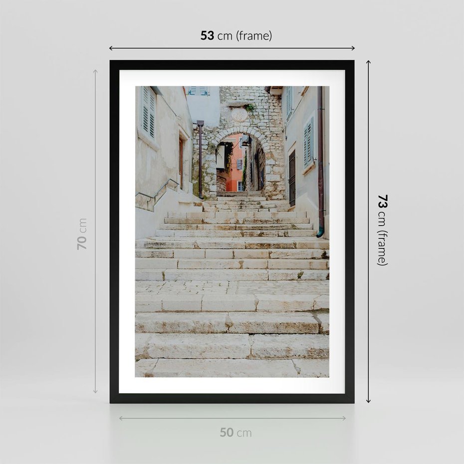 Plakat w ramie 50x70 - Schody we Włoskim Miasteczku - schody, śródziemnomorskie miasteczko - rama czarna