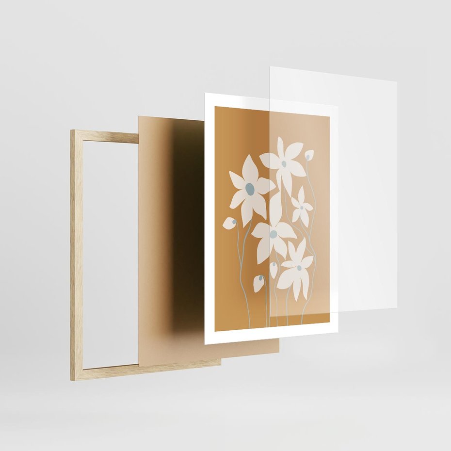 Plakat w ramie 50x70 - Kwiatowy Spektakl - minimalistyczne kwiaty, na pomarańczowym tle - rama drewno