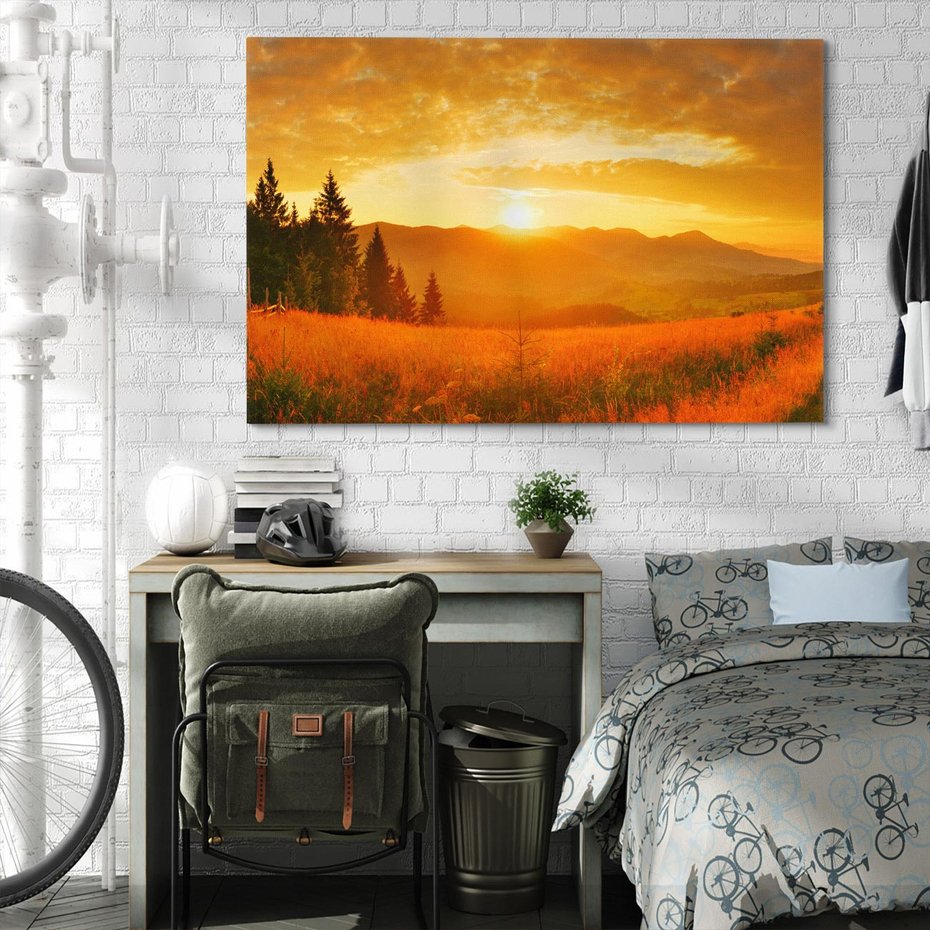 Obraz na płótnie 120x80 - harmonia drzew i kwiatów - góry, łąka