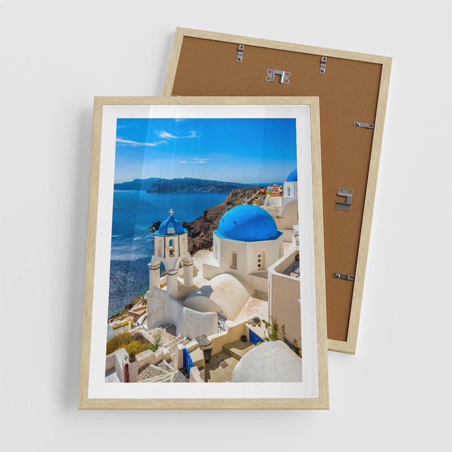 Plakat w ramie 50x70 - Urokliwy widok na Santorini - Santorini, widok - rama drewno