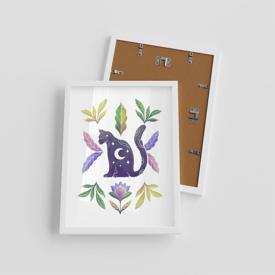 Plakat w ramie 30x40 - Migotliwa Przestrzeń - boho kot, plakat - rama biała