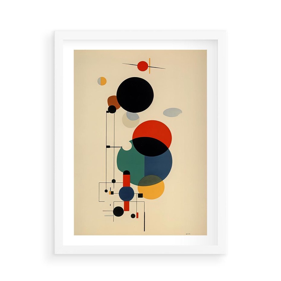 Plakat w ramie 50x70 - Migocące Impresje Odniesień - abstrakcyjna geometryczna kompozycja, koła linie - rama biała