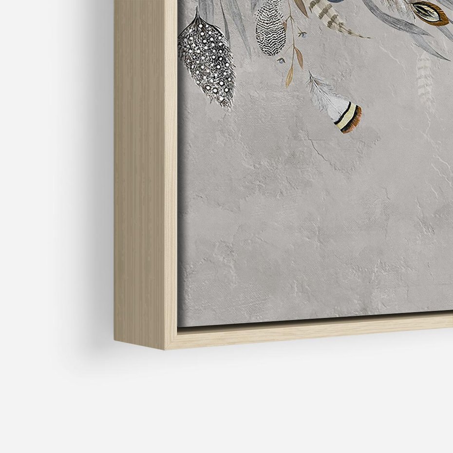 Obraz w ramie 50x50 - Sploty losu na płótnie - kompozycja boho piór, indiańskie pióra - rama drewno