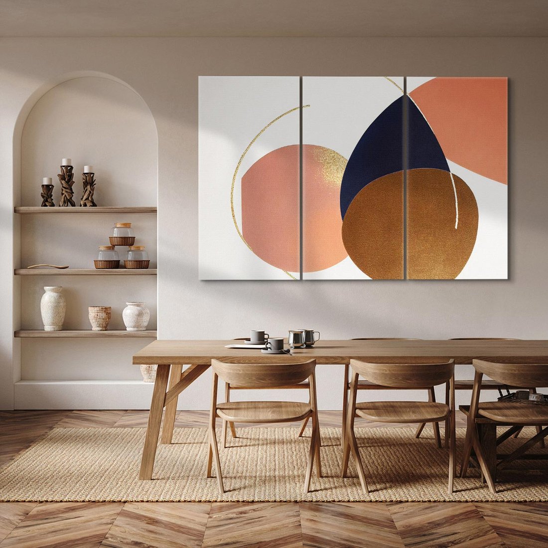 Obraz na płótnie 120x80 - Pudrowe Kreacje - abstrakcyjne plamy koła złote linie modern art