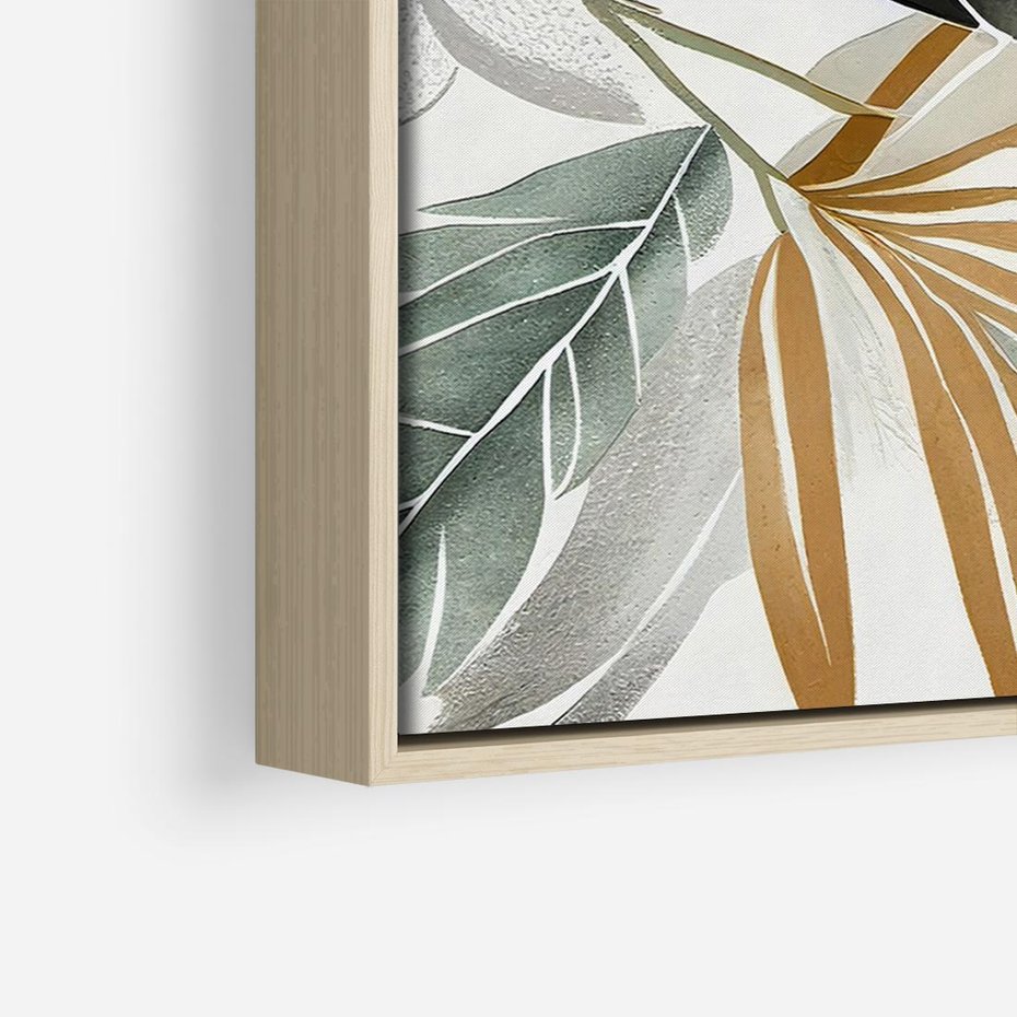 Obraz w ramie 70x50 - Współbrzmienie wewnętrznego ja - kompozycja z tropikalnych liści, stonowane kolory - rama drewno