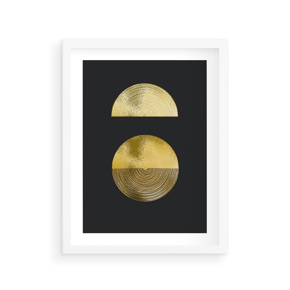 Plakat w ramie 30x40 - Migotliwe Przeniknięcia - złote koła, czarne tło - rama biała