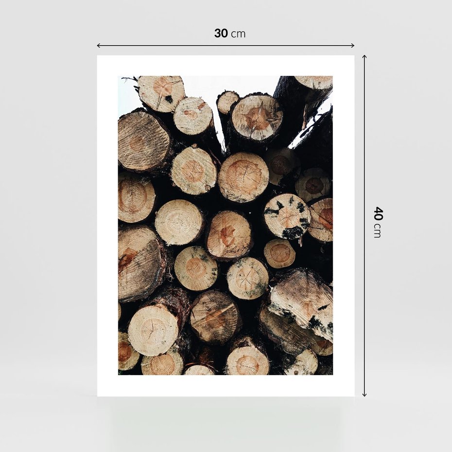 Plakat bez ramy 30x40 - Siła Drewna - ścięte drewno, belki drewna ułożone jedna na drugiej