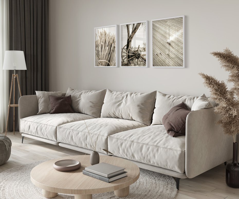 Zestaw obrazy w ramie 30x40 galeria - Sepia, krajobraz, wiejski, pole - rama biała