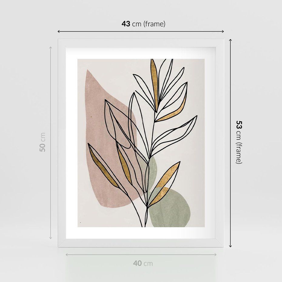 Plakat w ramie 40x50 - Impulsy Subtelnej Harmonii - abstrakcyjny obraz boho, liście - rama biała