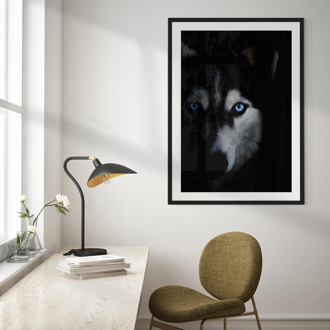 Plakat w ramie 30x40 - Wilk i husky: siła przyjaźni - wilk, husky - rama czarna