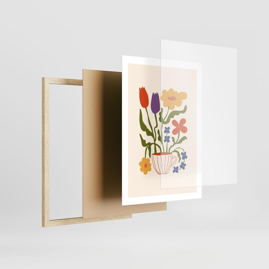 Plakat w ramie 50x70 - Kolorowe Granice - kwiaty w filizance, abstrakcja - rama drewno
