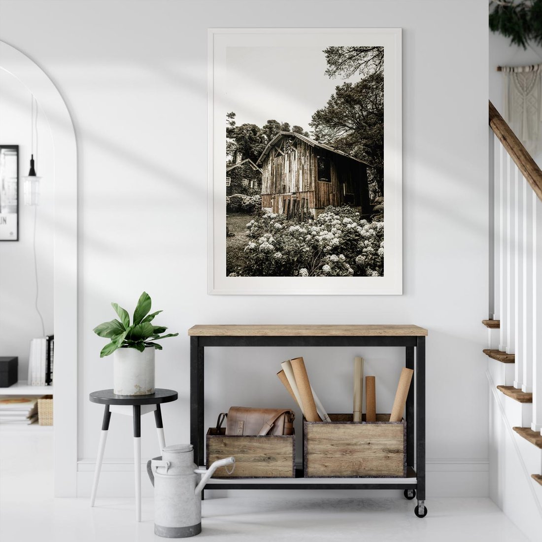 Plakat bez ramy 40x50 - Oaza Uroku: Drewniana Chatka i Ogród - domek, ogród