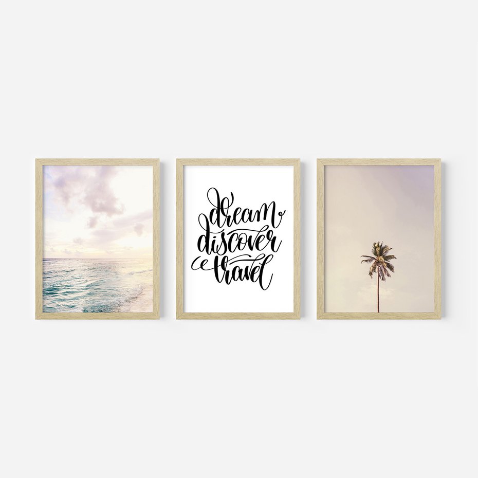 Zestaw obrazy w ramie 40x50 galeria - Cytat, podróż, rajska, plaża - rama drewno