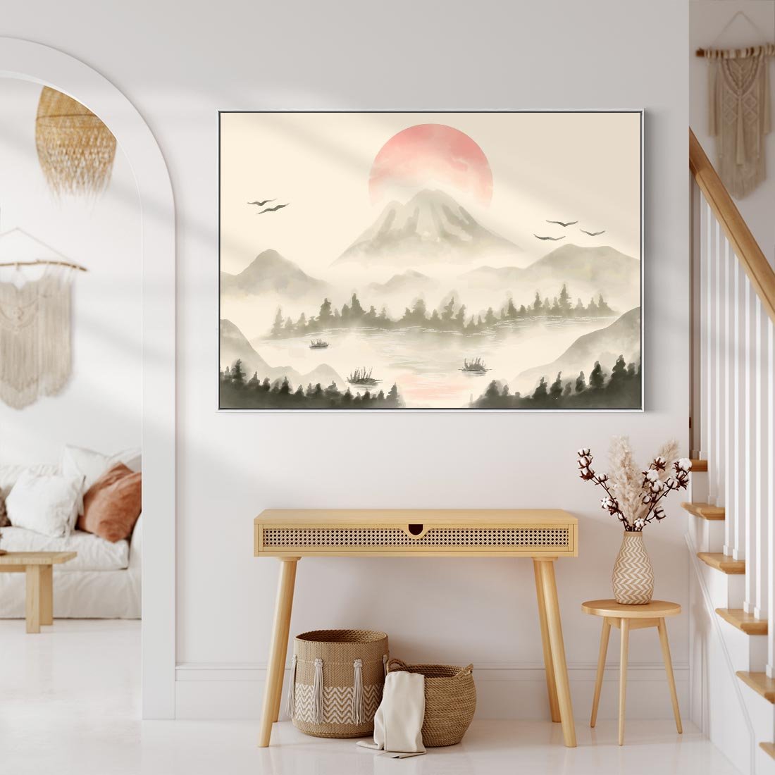 Obraz w ramie 70x50 - Przyroda Japonii - japońska akwarela, góry - rama biała