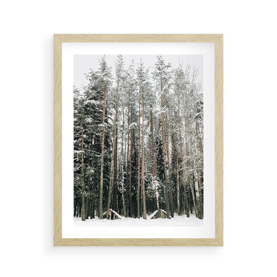 Plakat w ramie 40x50 - Sypiący Śnieg - las w zimie, drzewa pod śniegiem - rama drewno