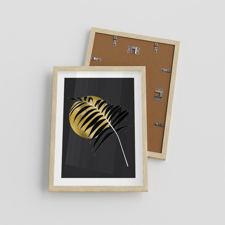 Plakat w ramie 30x40 - Egzotyczna Elegancja - palma, na czarnym tle - rama drewno
