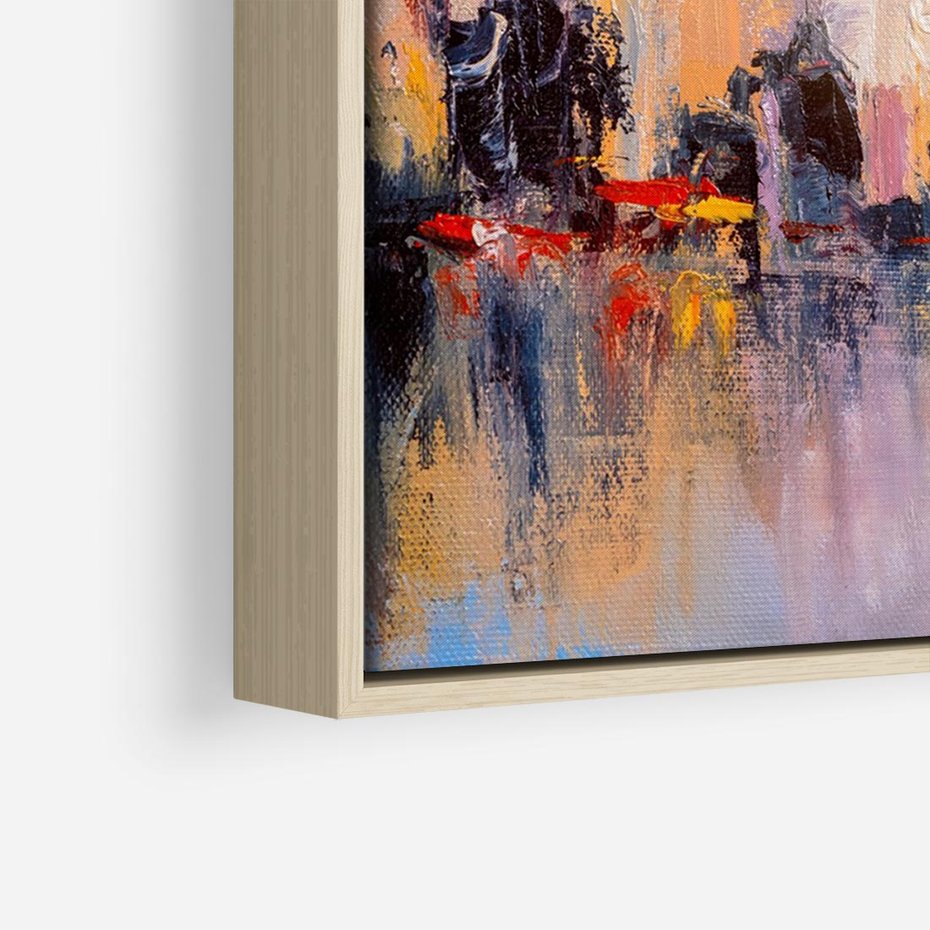 Obraz w ramie 70x50 - Miasto Refleksji - olejna panorama miasta w oddali, wiezowce odbijają się w rzece - rama drewno