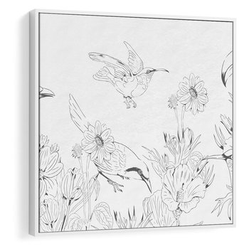 Obraz w ramie 50x50 - Tropiki w Monochromie - czarno biały szkic, tropikalne ptaki - rama biała