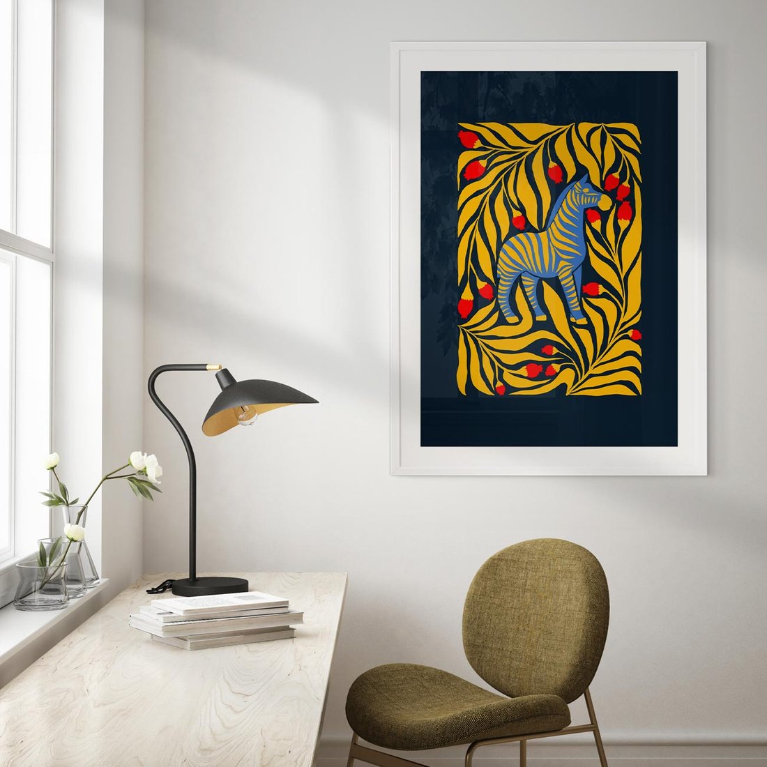 Plakat w ramie 40x50 - Wibracje Wyobraźni - zebra, granatowe tłó - rama biała