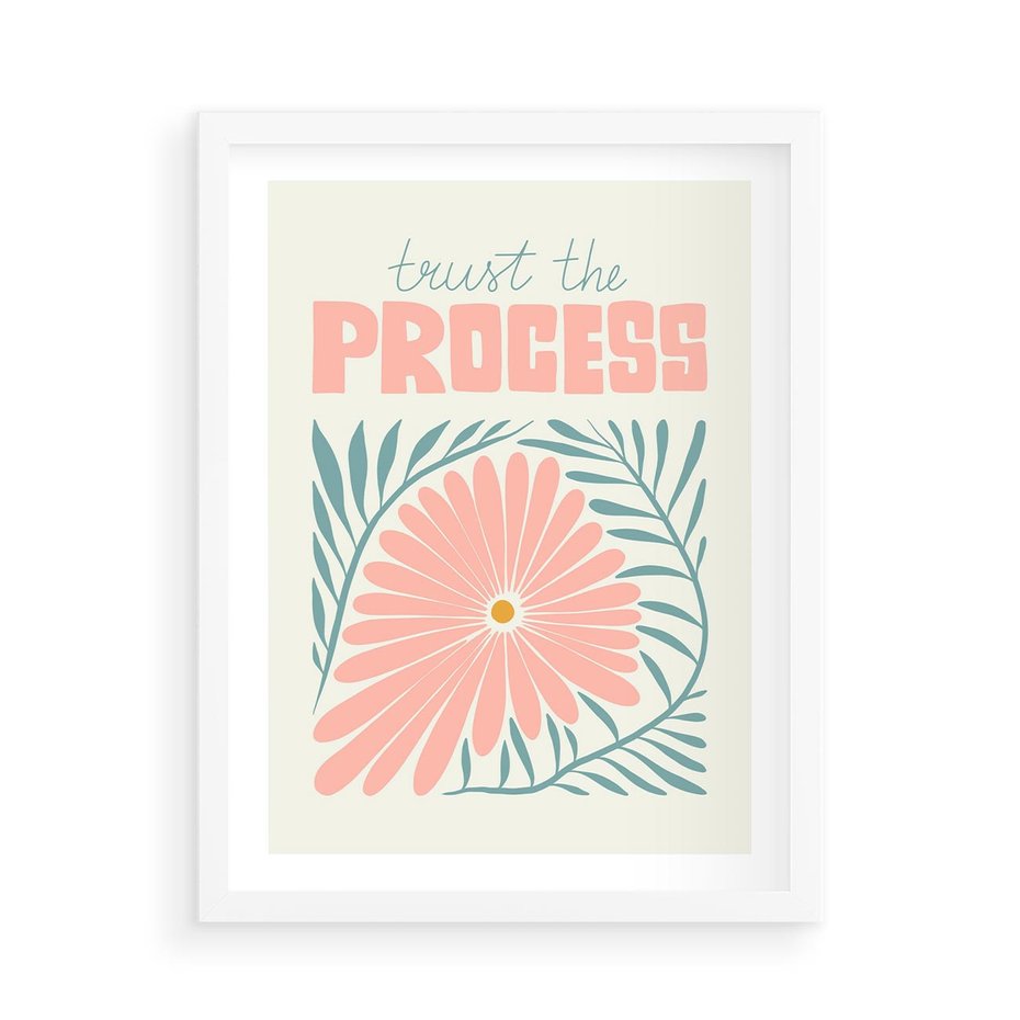 Plakat w ramie 50x70 - Symfonia Światła - typografia, pastelowa stokrotka - rama biała