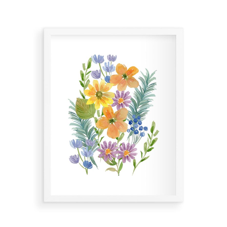 Plakat w ramie 40x50 - Migocące Widoki Kwiatów - akwarelowe polne kwiaty, minimalistyczny plakat - rama biała