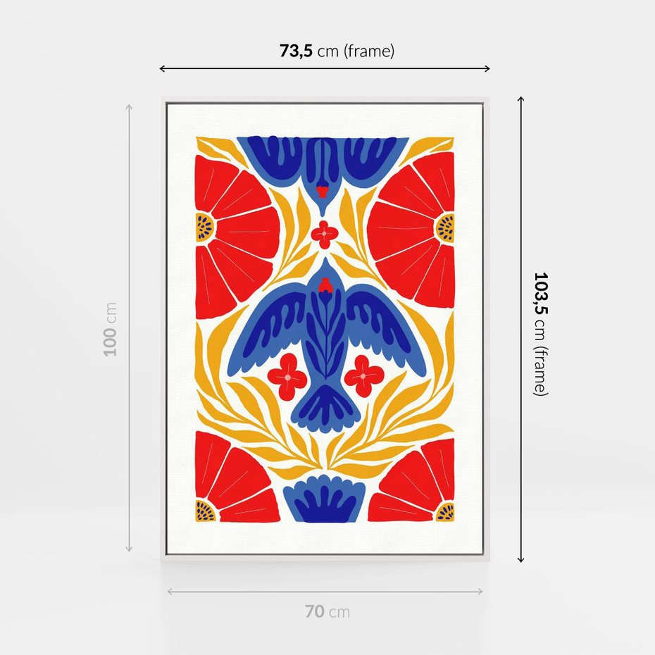 Obraz w ramie 70x100 - Eklektyczny Majestat - wyrazista grafika, mocne kolory czerwień niebieski żółty - rama biała