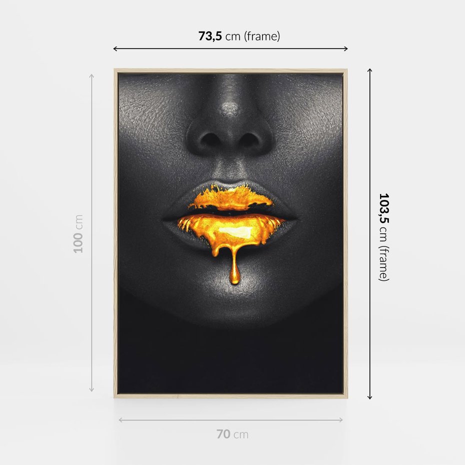 Obraz w ramie 70x100 - Złote Usta Kobiety - złote, usta - rama drewno