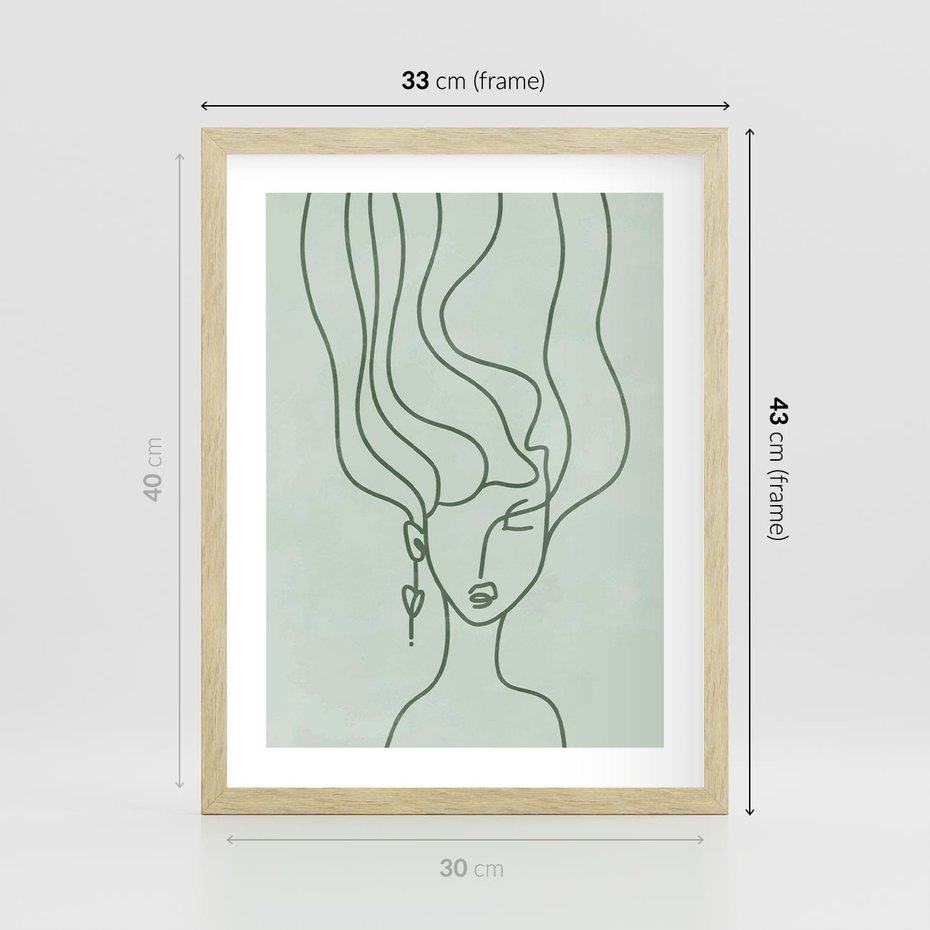 Plakat w ramie 30x40 - Spokojne Objęcia Natury - abstrakcja, zielony szkic - rama drewno