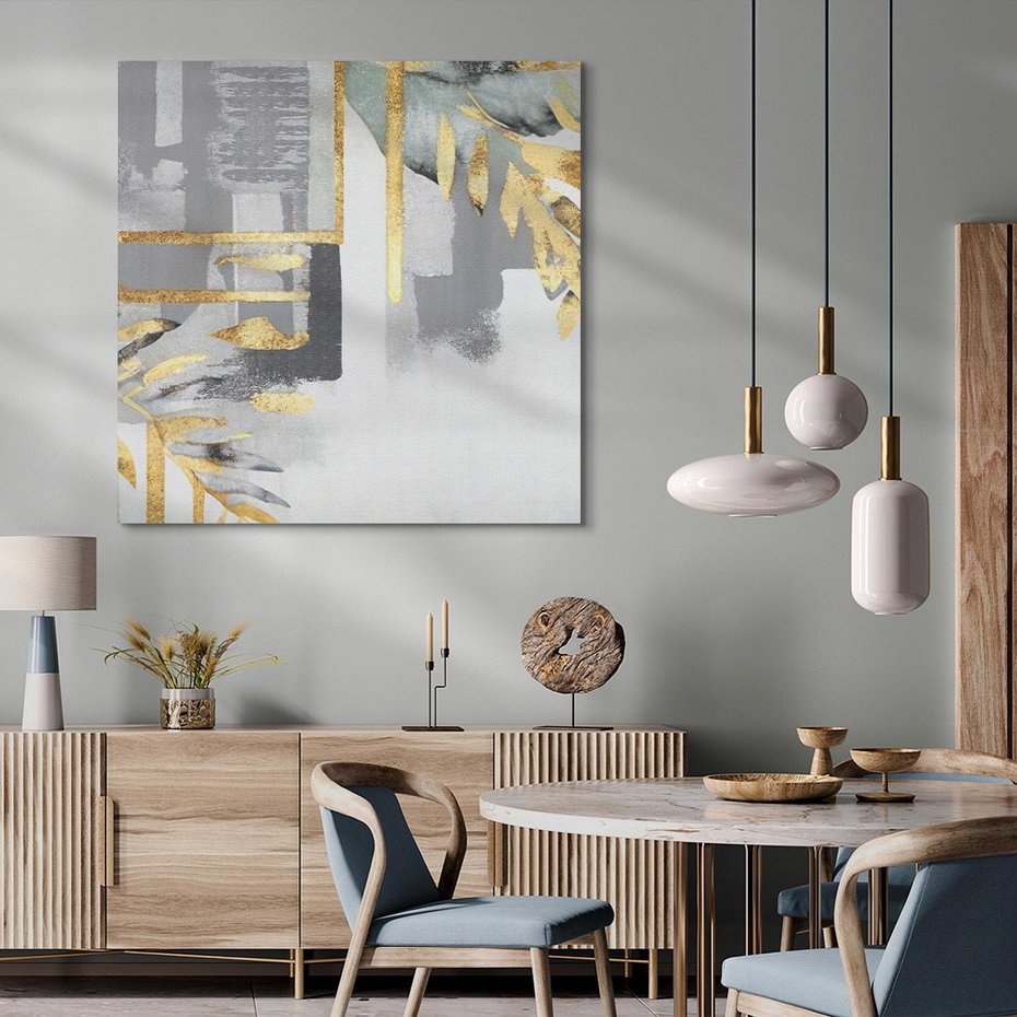 Obraz na płótnie 60x60 - Złote Palmy w Stylu Modern - geometryczne złote linie, szare tło