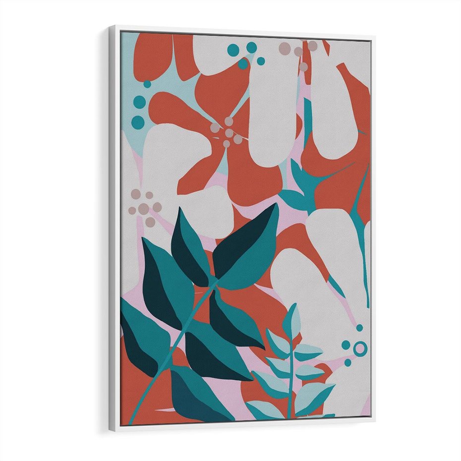 Obraz w ramie 70x100 - Harmonijne Formy - abstrakcyjna kompozycja kwiatowych form, kolor zgaszone - rama biała