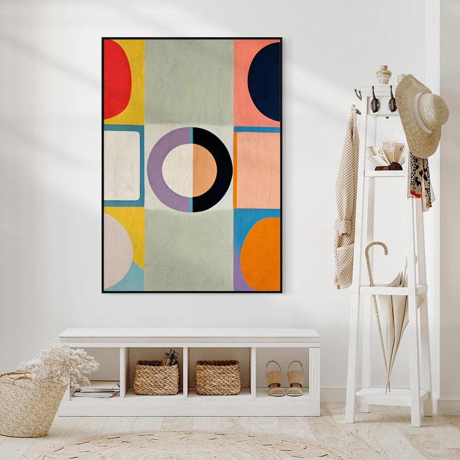 Obraz w ramie 70x100 - Taniec Kształtów Emocji - abstrakcyjne geometryczne kształty, olejny obraz - rama czarna