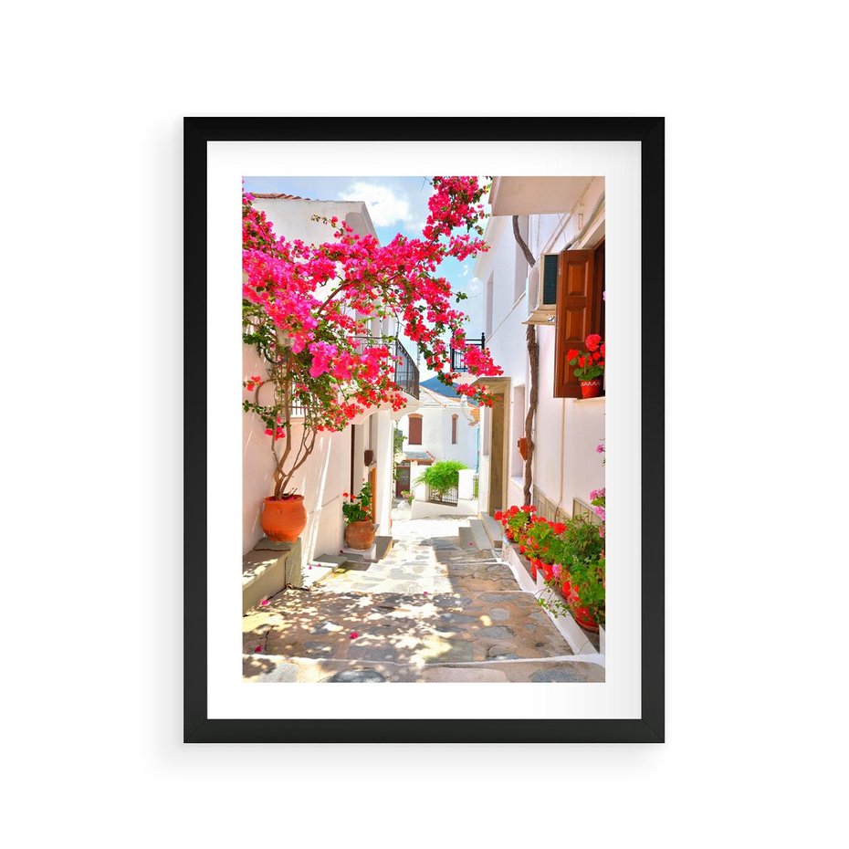 Plakat w ramie 30x40 - Kwiatowa uliczka wakacji - kwiaty, uliczka - rama czarna
