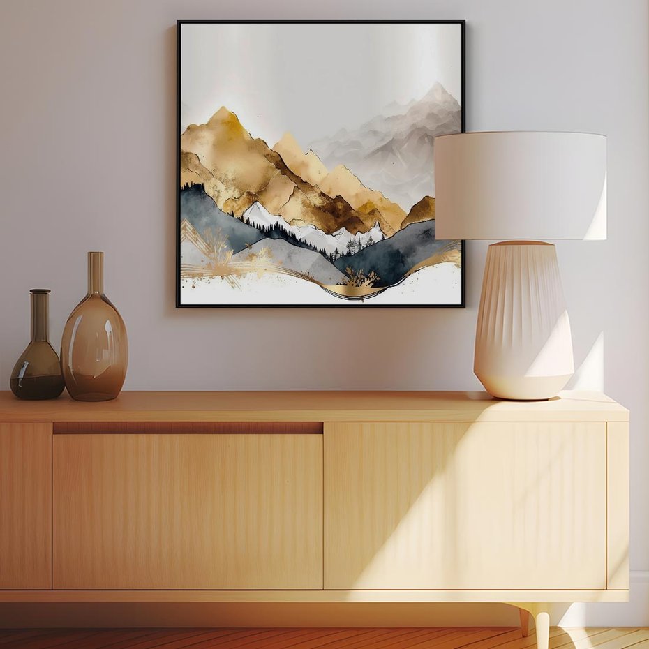 Obraz w ramie 50x50 - Złote Góry - akwarela, graficzne góry - rama czarna