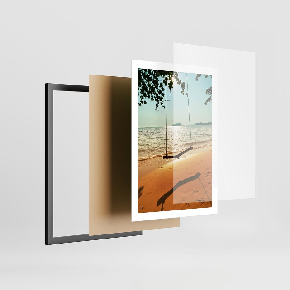 Plakat w ramie 50x70 - Tropikalna plaża i huśtawka - plaża, tropiki - rama czarna