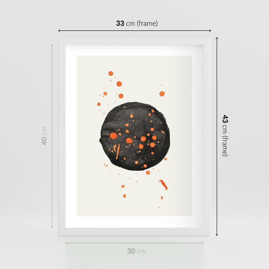Plakat w ramie 30x40 - Impulsy Kreatywności - abstrakcyjna czarna plama, rozsiane pomarańczowe kropki - rama biała