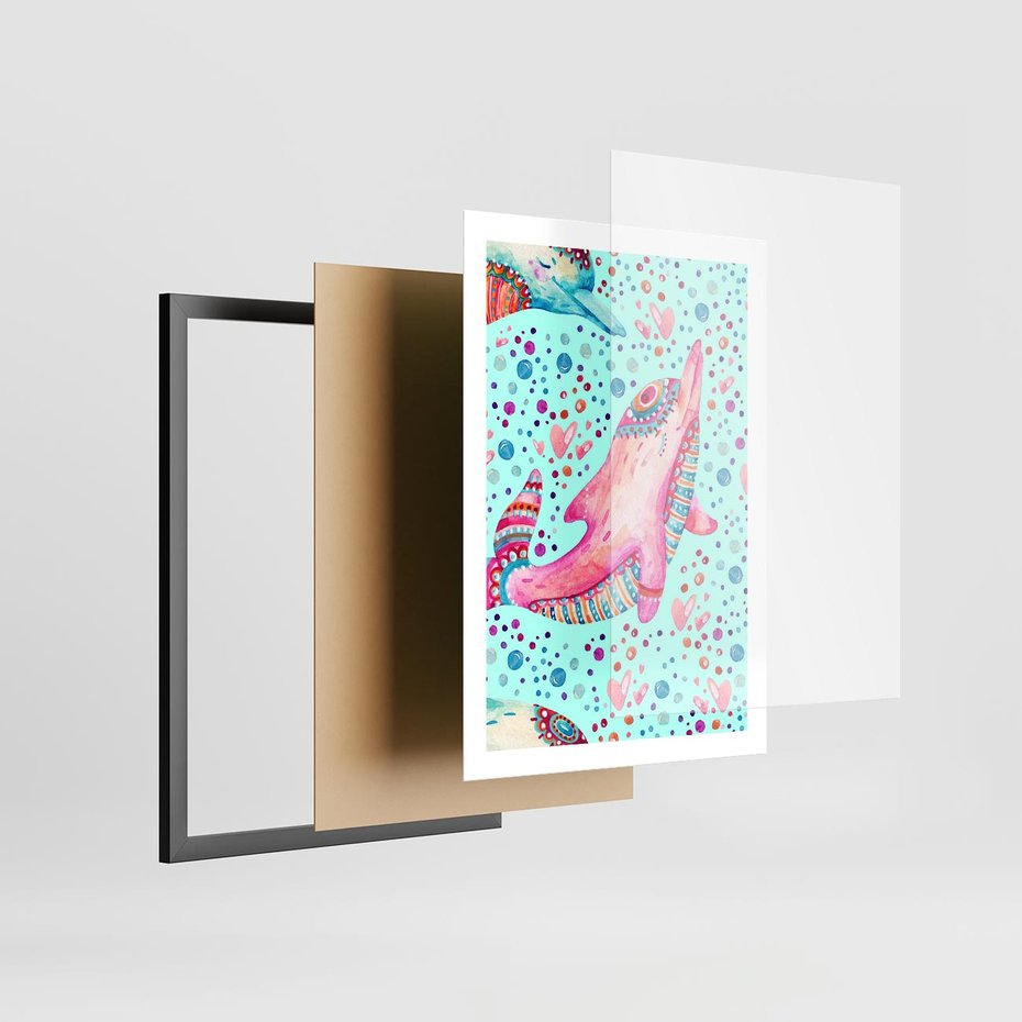 Plakat w ramie 50x70 - Lekkość W Ruchu - delfin, akwarela - rama czarna