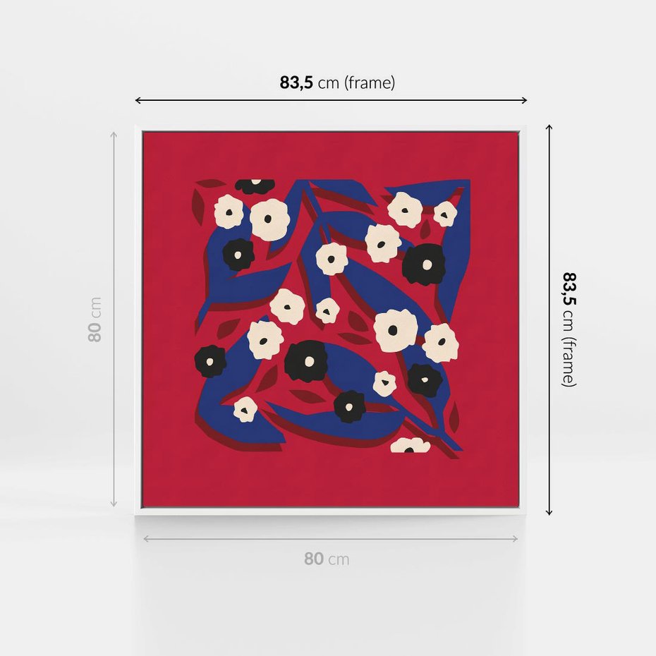 Obraz w ramie 80x80 - Kolorowe Przenikanie - abstrakcyjna kwiatowa kompozycja, czerwone mocne tło - rama biała