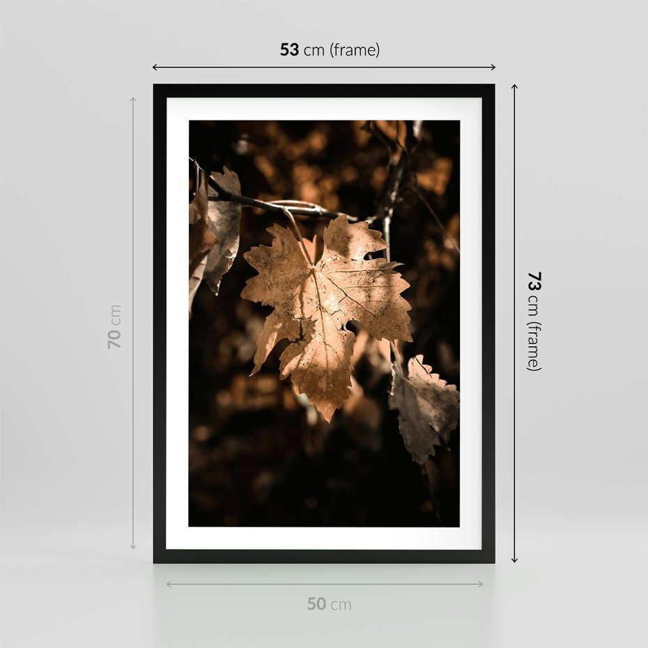 Plakat w ramie 50x70 - Uroczy Liść na Drzewie - jesienny liść, żółty liść na drzewie - rama czarna