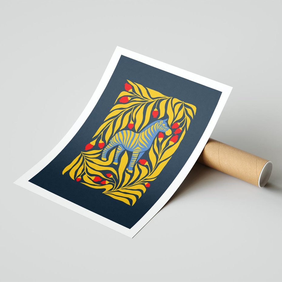 Plakat bez ramy 21x30 - Wibracje Wyobraźni - zebra, granatowe tłó